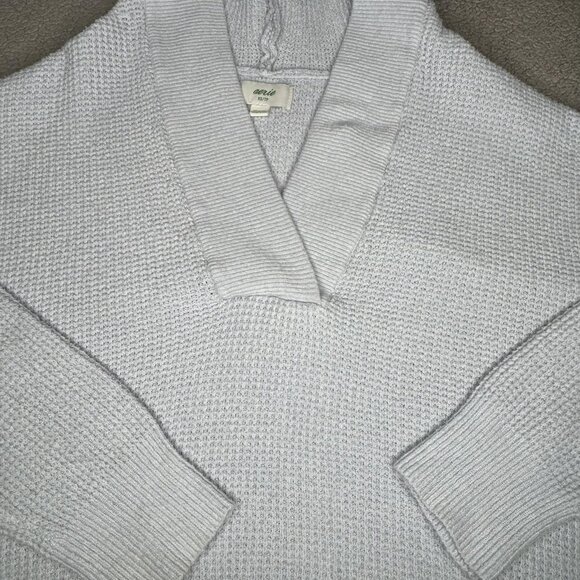 Aerie Sweater Womens XS Light Blue Hoodie Oversized V Neck Waffle Knit Soft Boxy - Picture 3 of 14